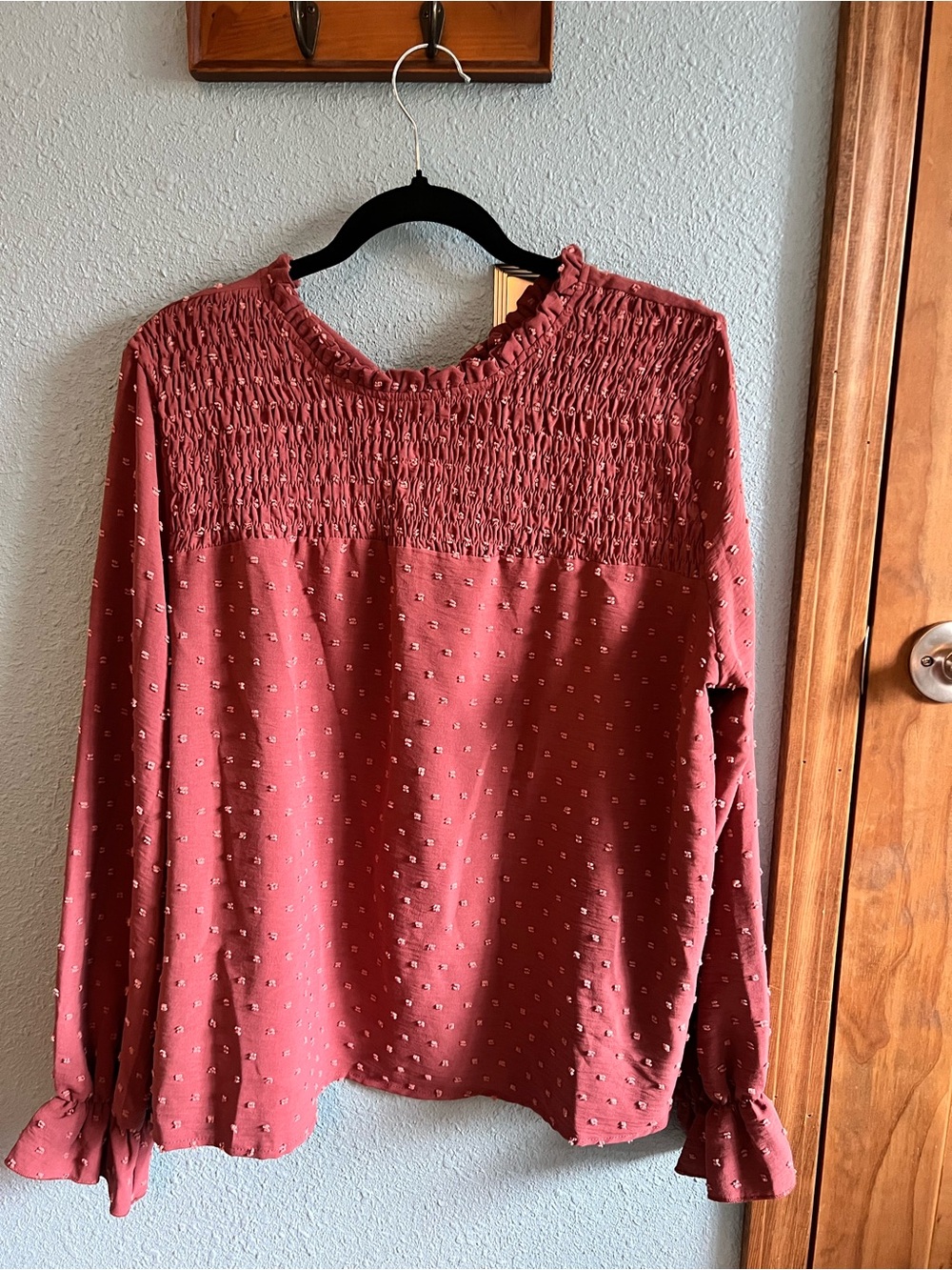 SHEIN Dusty Rose Smocked Ruffle Neck Blouse